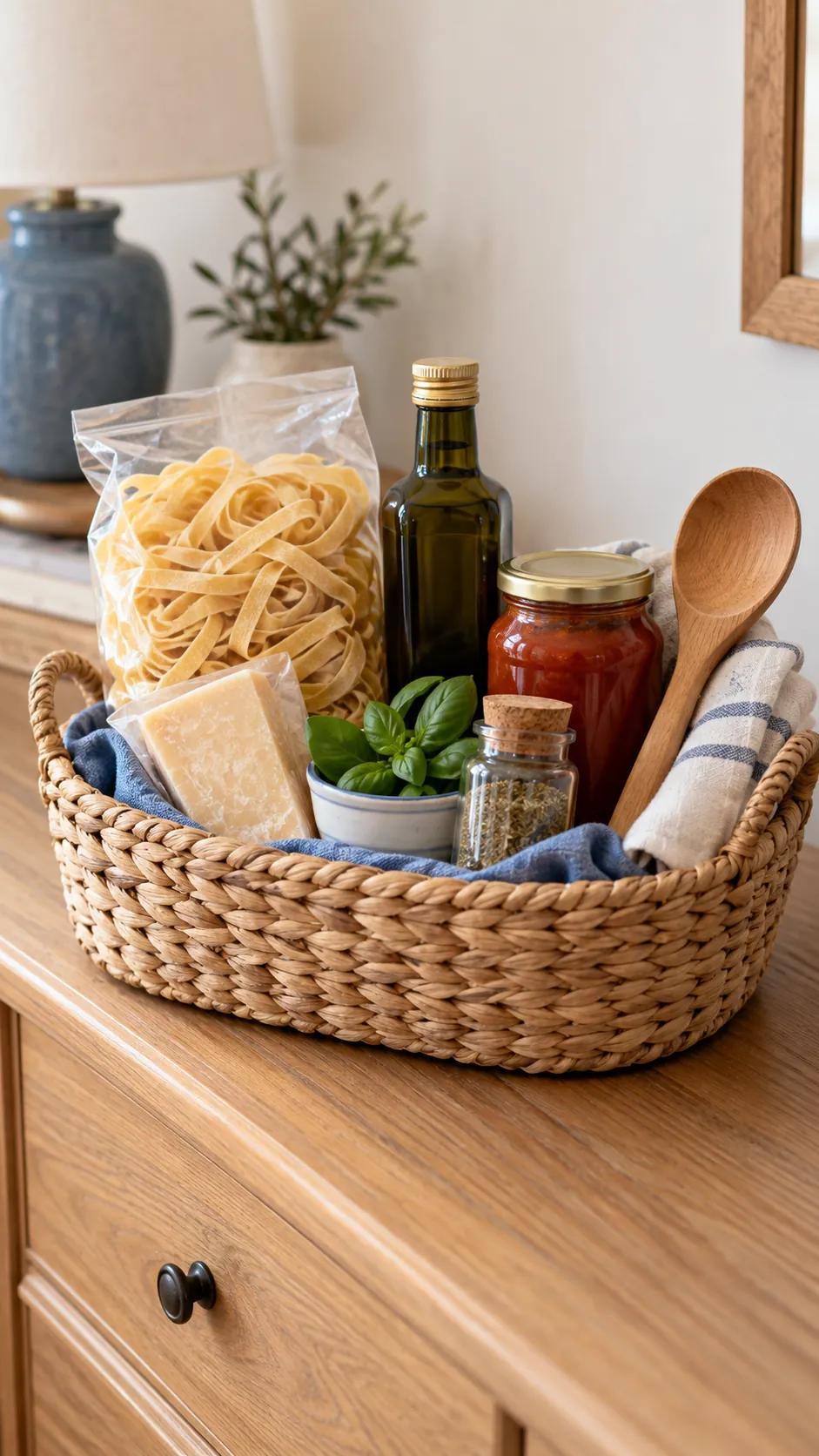 Pasta Night Basket arranged as a useful gift basket