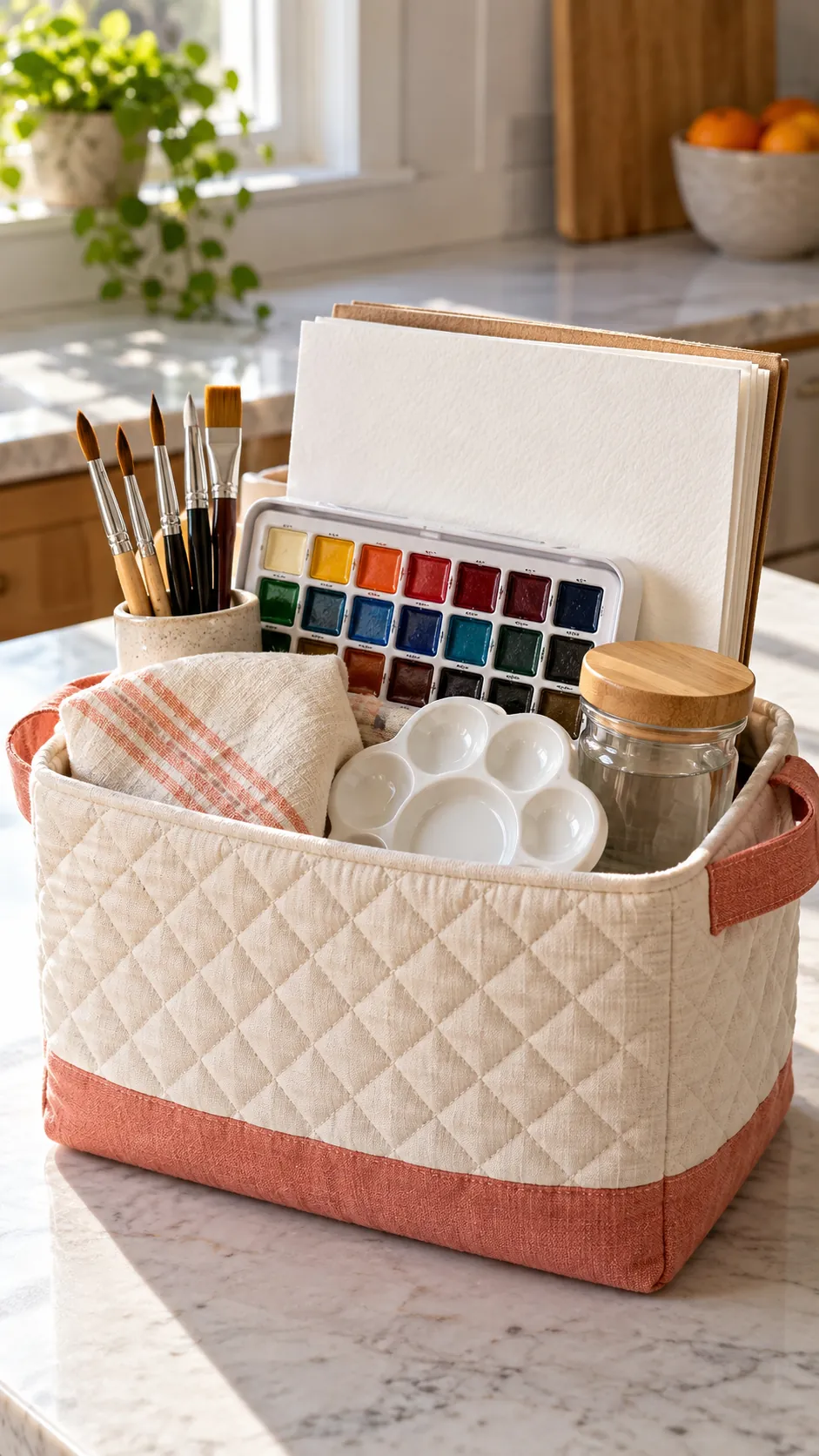 Watercolor Basket arranged as a useful gift basket