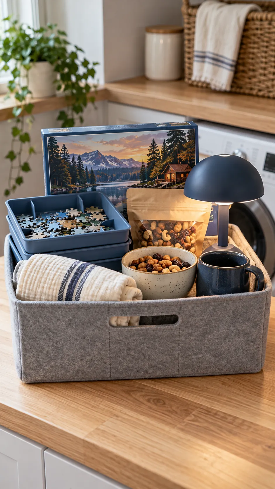 Puzzle Evening Basket arranged as a useful gift basket