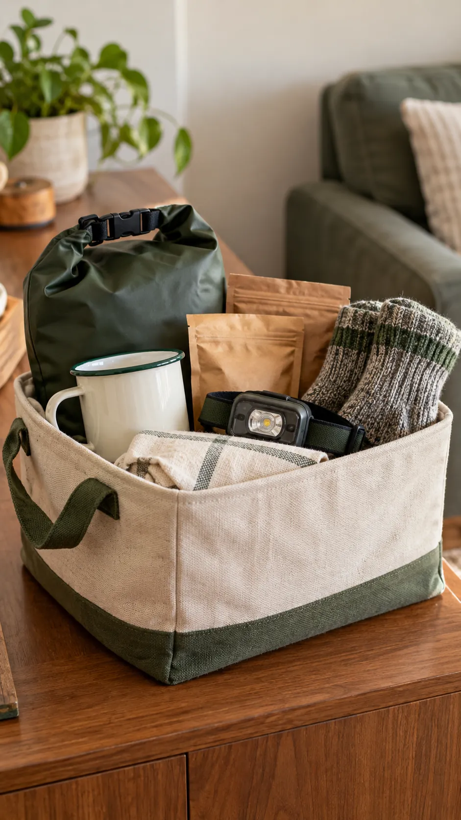 Camping Comfort Basket arranged as a useful gift basket