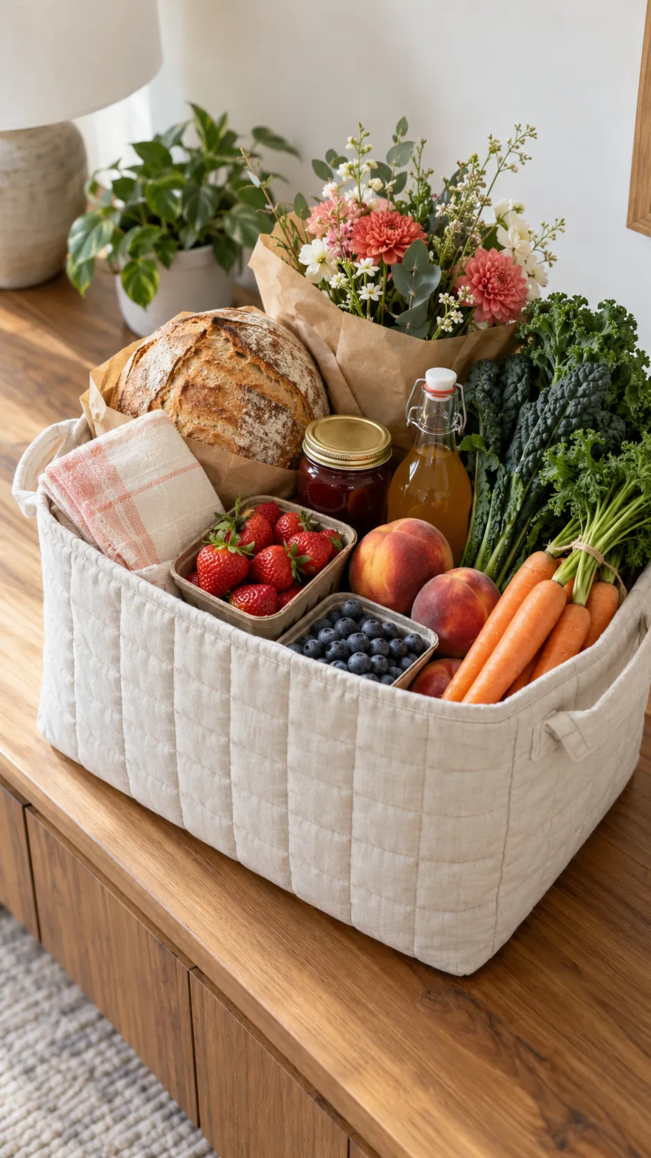 Farmers Market Basket arranged as a useful gift basket
