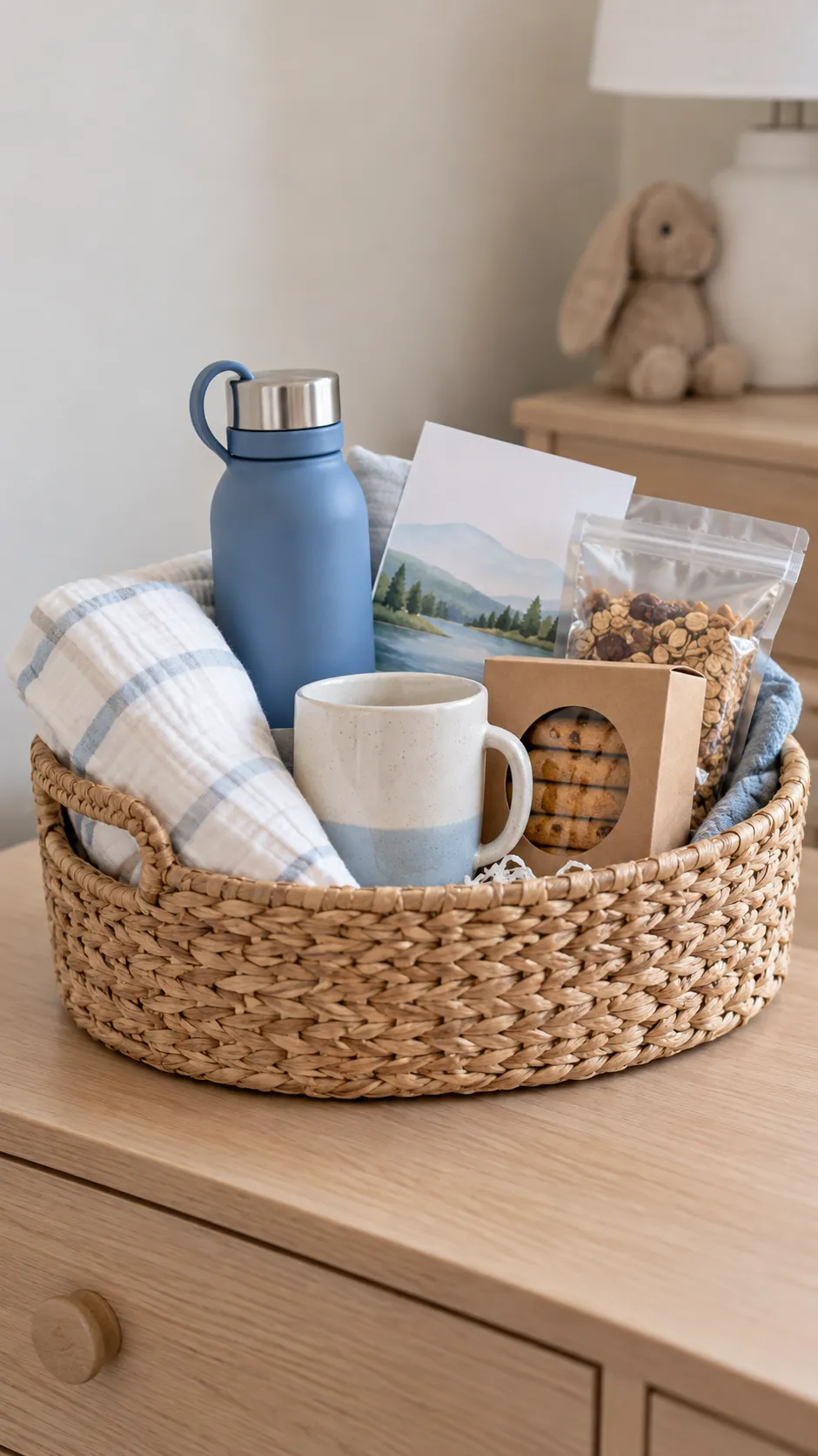 Minimalist Birthday Basket arranged as a useful gift basket
