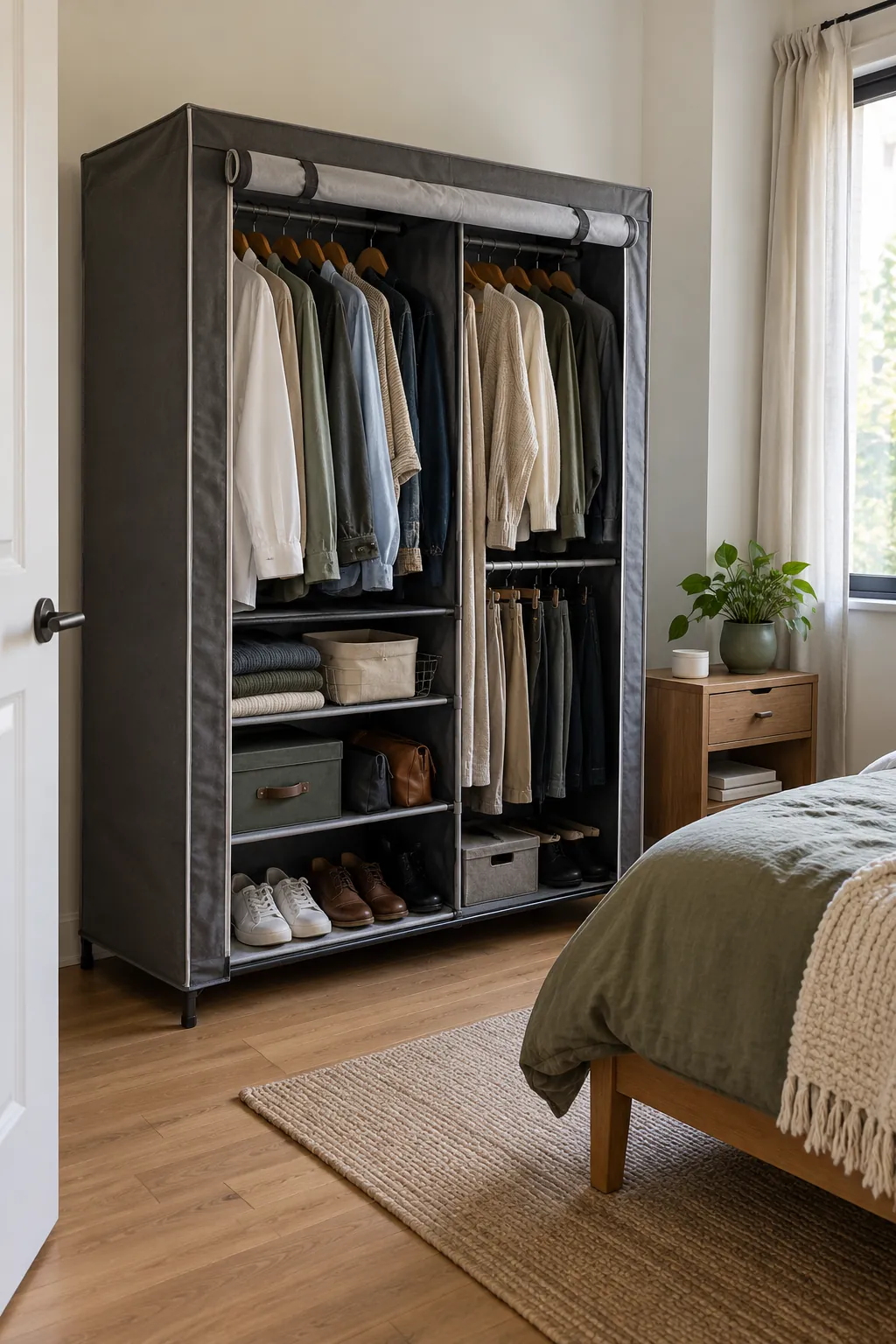 Covered Clothes Rack in a small bedroom without a closet
