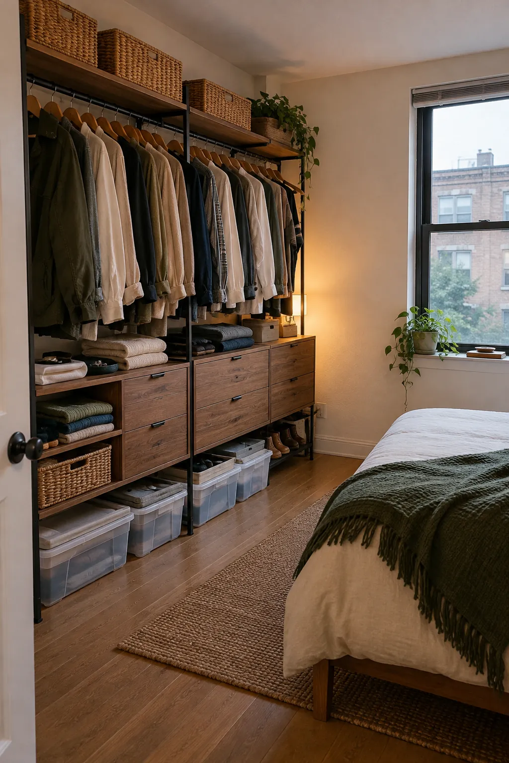Organized clothes storage in a small bedroom without a closet