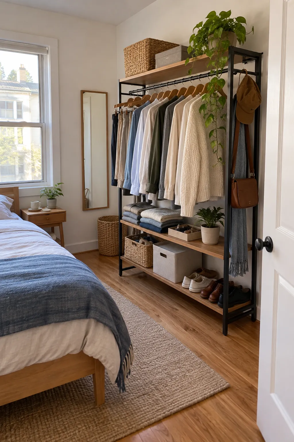 Slim Garment Rack in a small bedroom without a closet