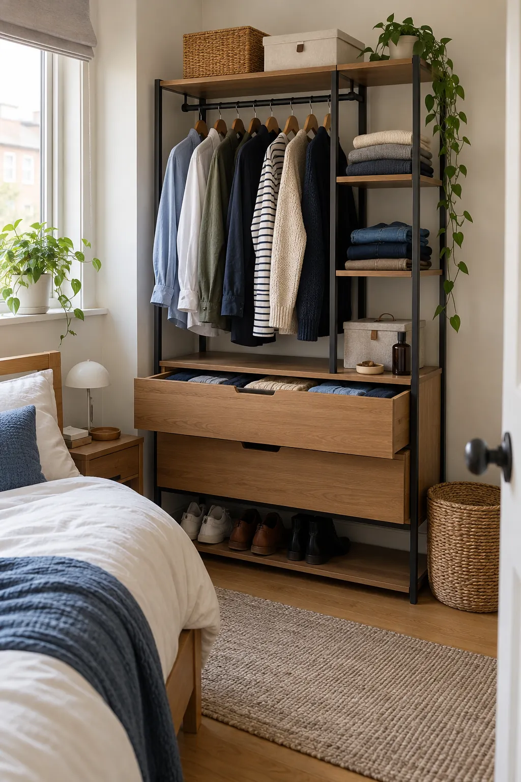 Compact Bedside Wardrobe in a small bedroom without a closet