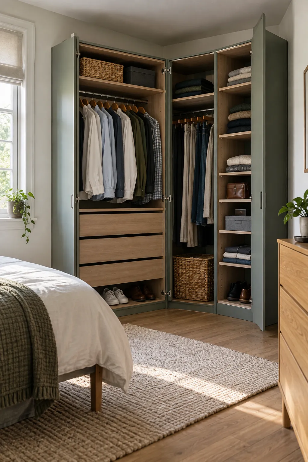 Corner Wardrobe in a small bedroom without a closet