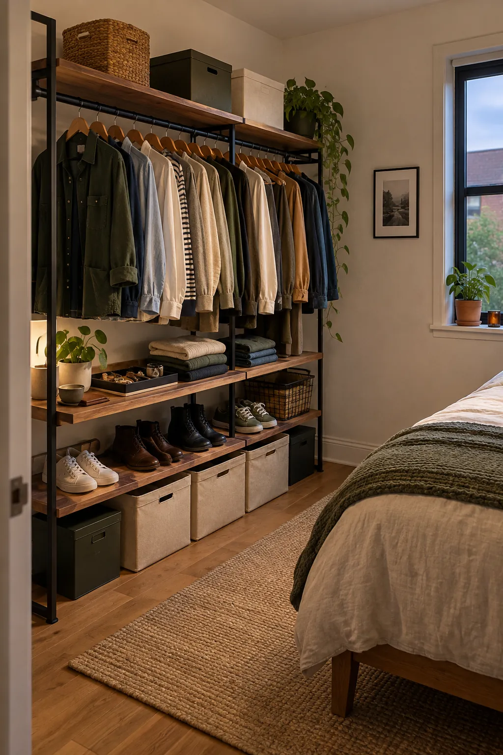 Shelf With Rail in a small bedroom without a closet