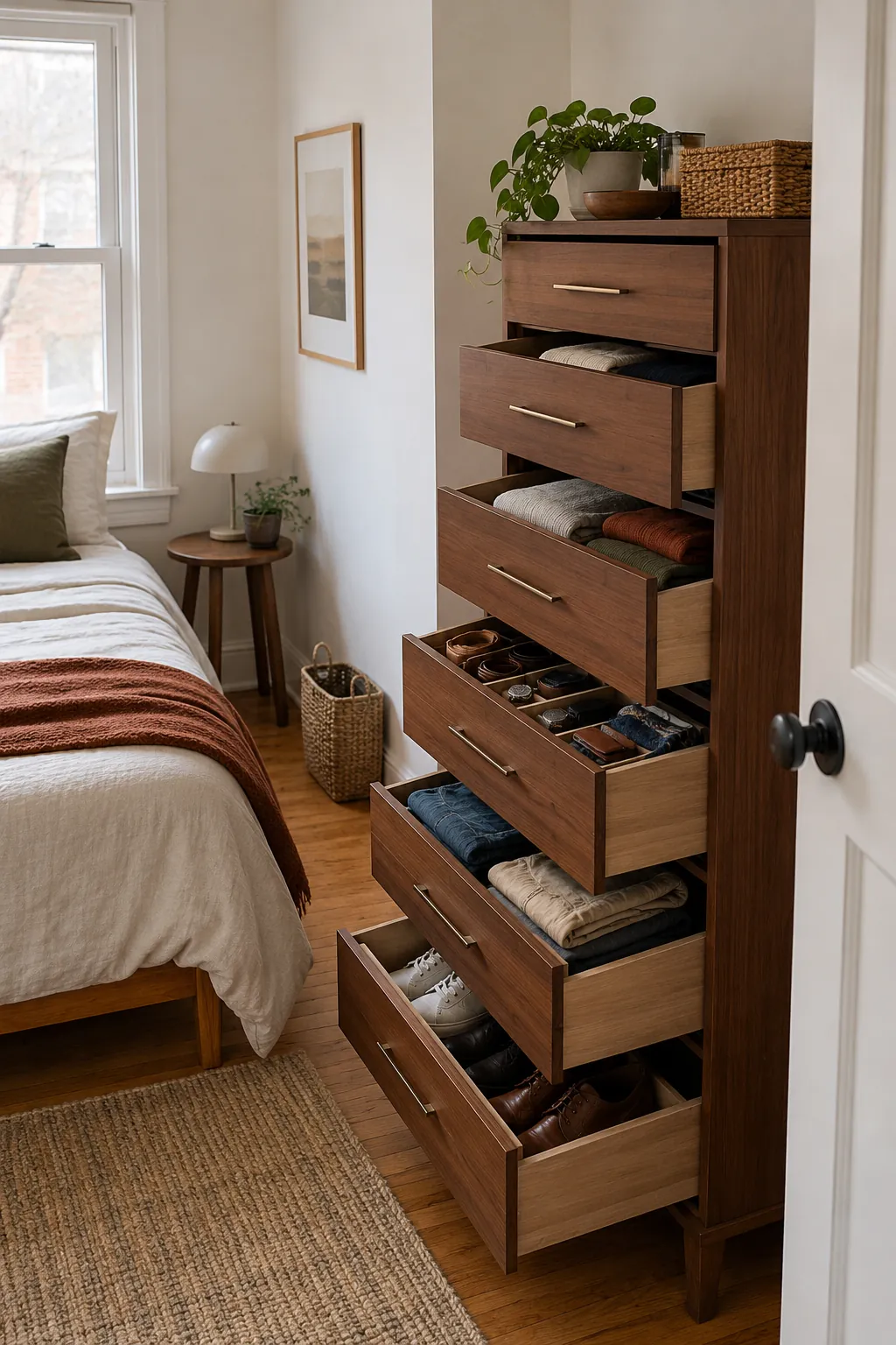 Tall Narrow Dresser in a small bedroom without a closet