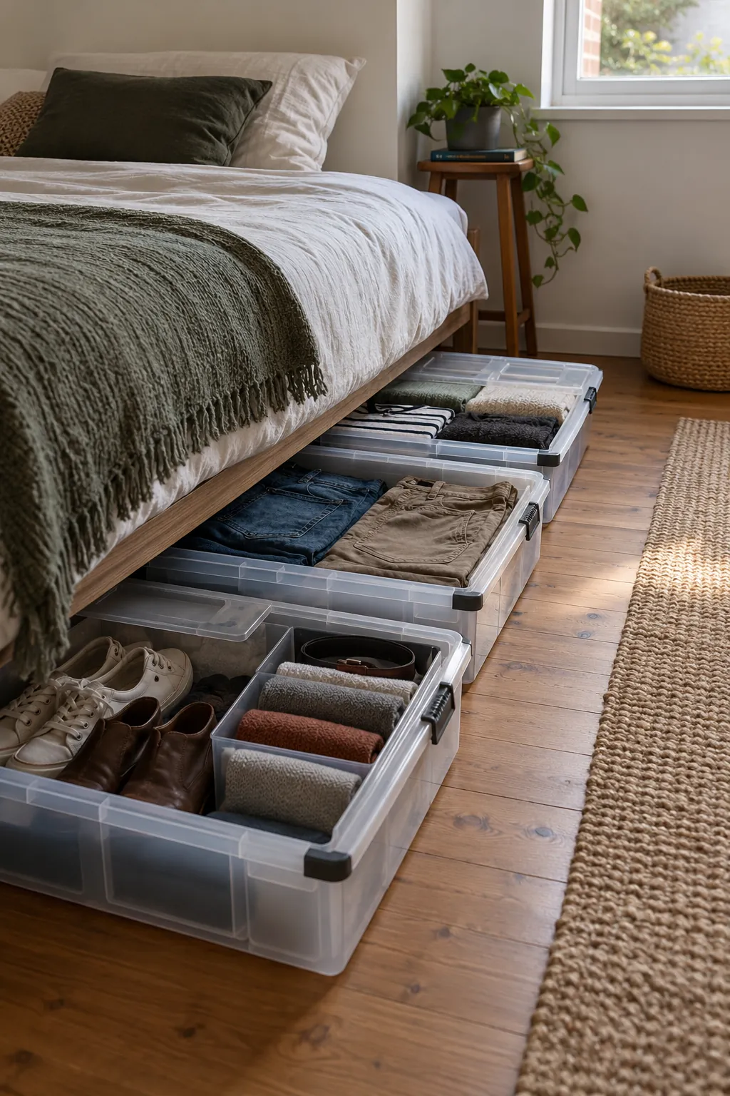 Lidded Under Bed Bins in a small bedroom without a closet