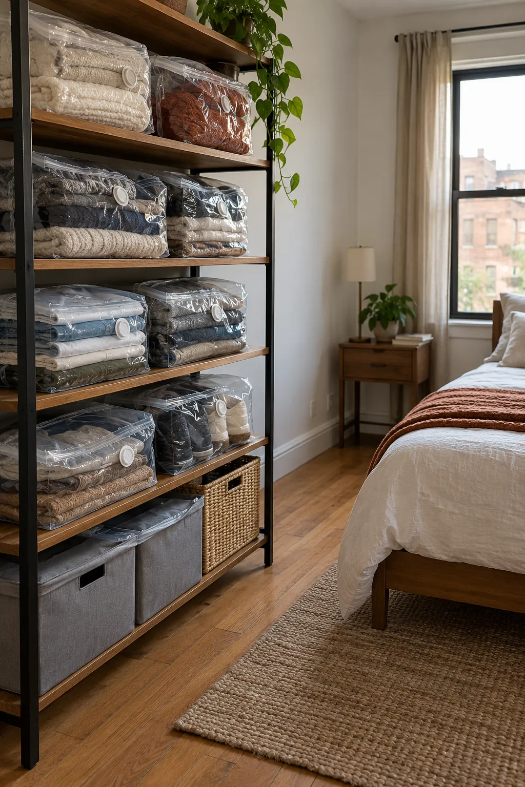 Seasonal Vacuum Bags in a small bedroom without a closet