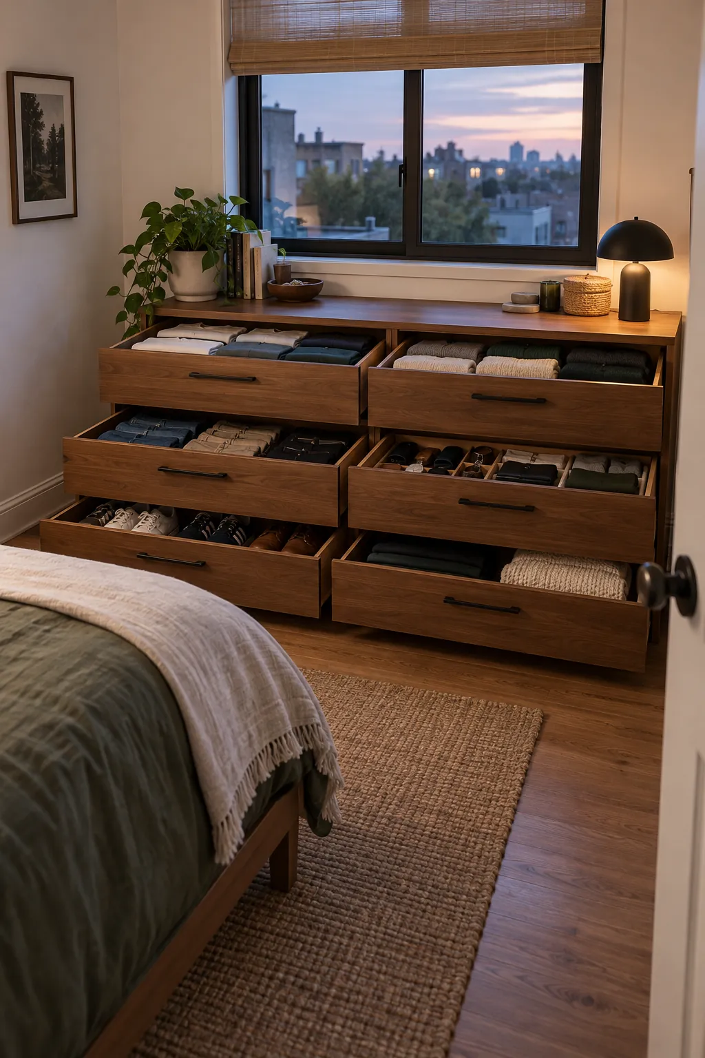 Low Dresser Under Window in a small bedroom without a closet