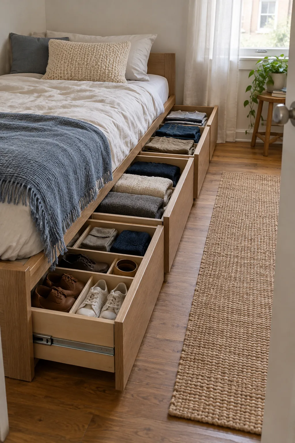 Under Bed Drawers in a small bedroom without a closet