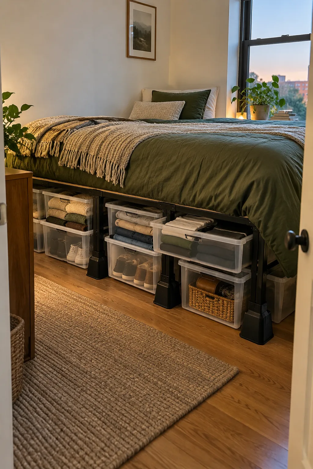 Bed Risers Storage in a small bedroom without a closet