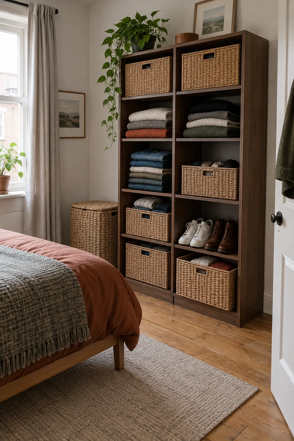 Bookcase Clothing Baskets in a small bedroom without a closet