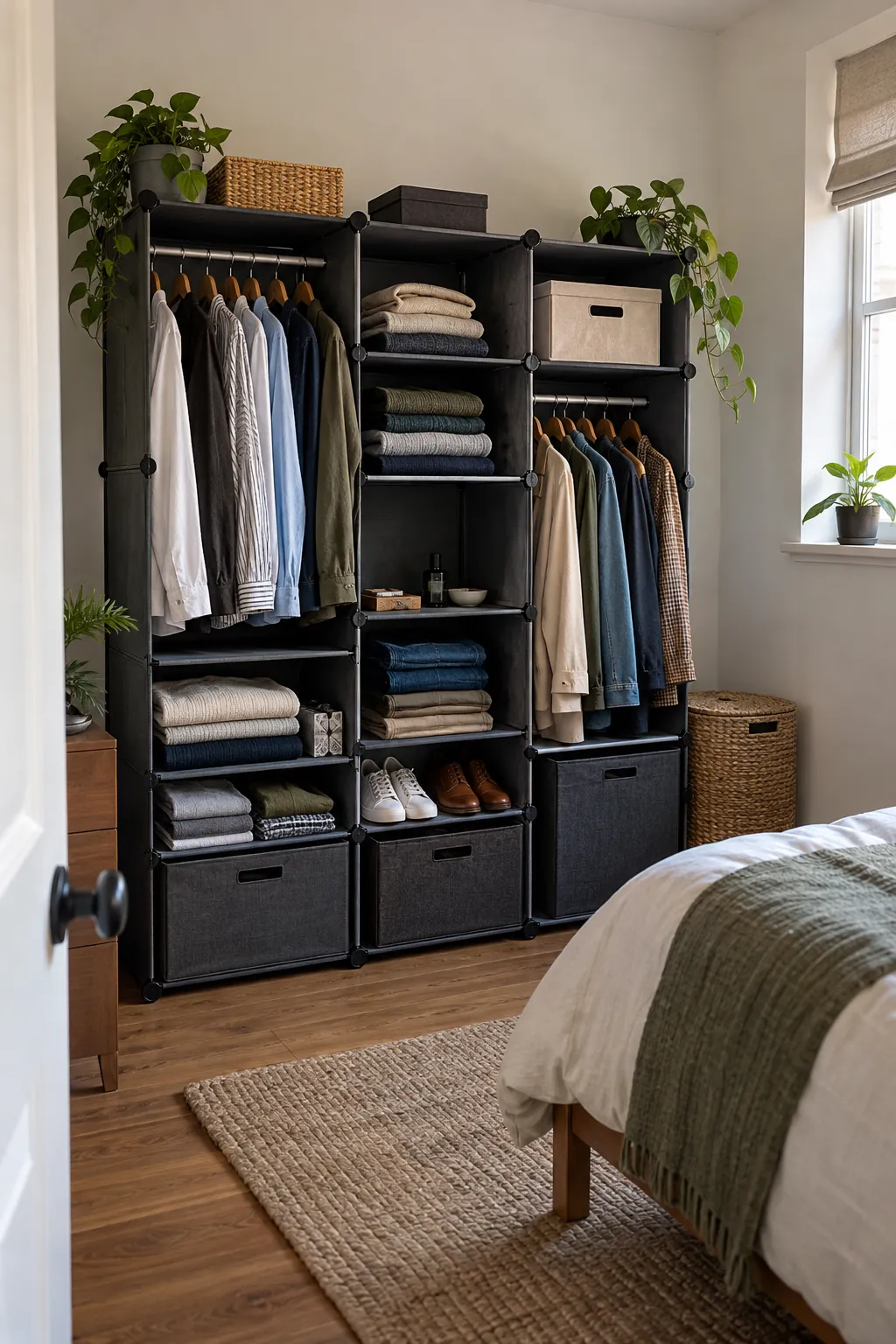 Modular Clothing Cubes in a small bedroom without a closet