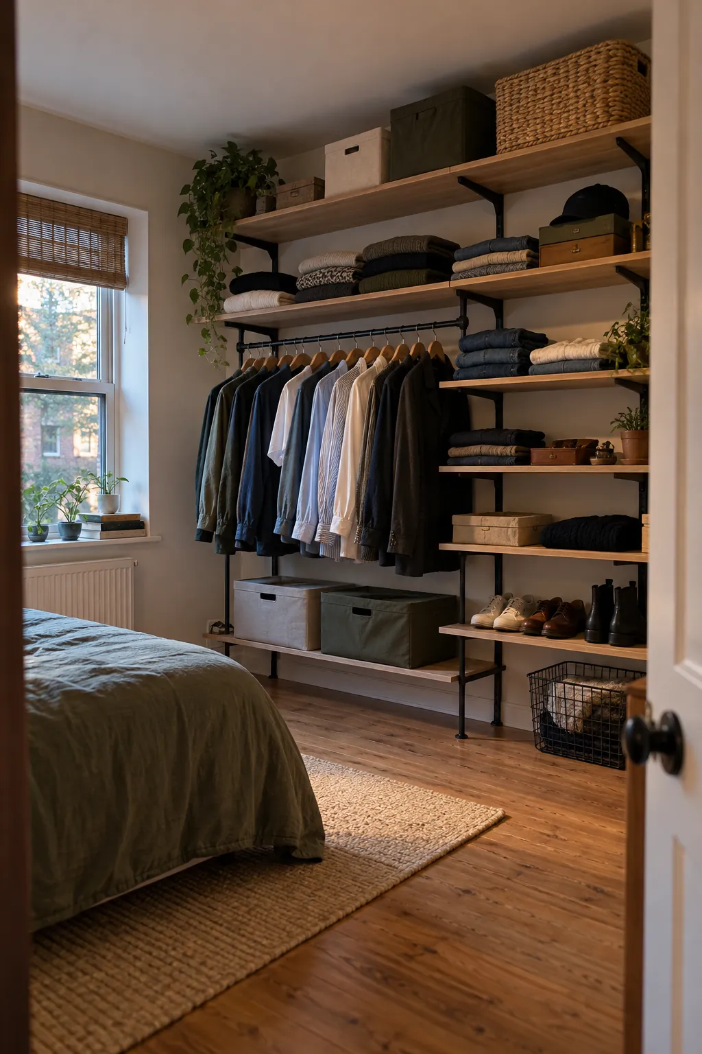 High Seasonal Shelves in a small bedroom without a closet