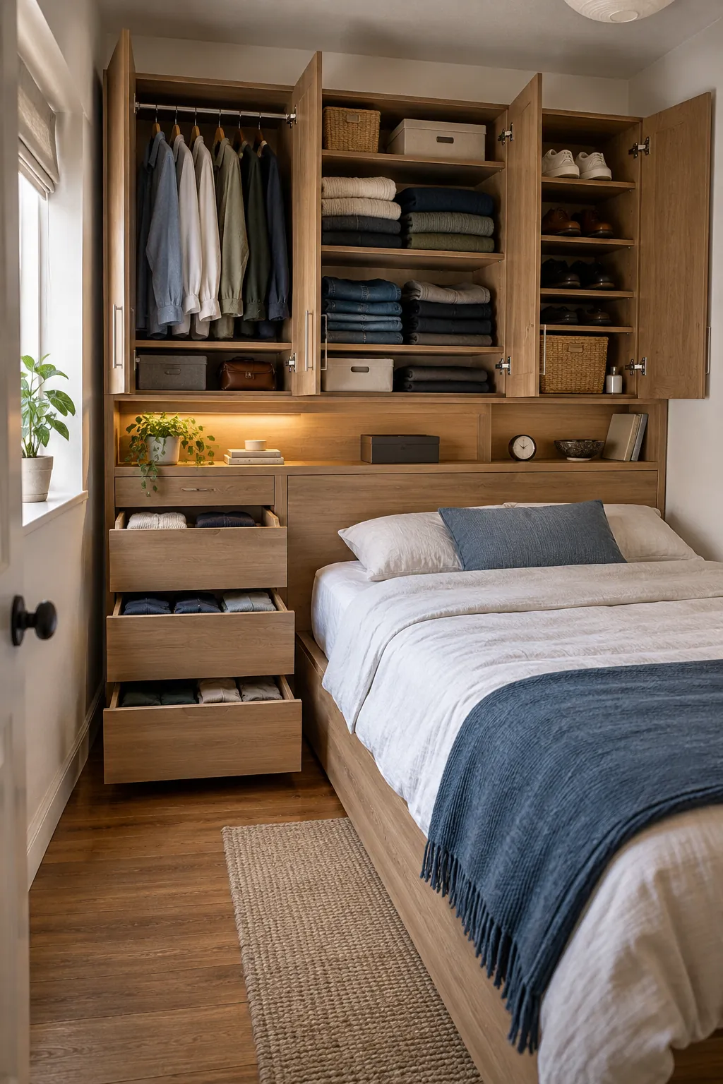 Headboard Storage Cabinets in a small bedroom without a closet