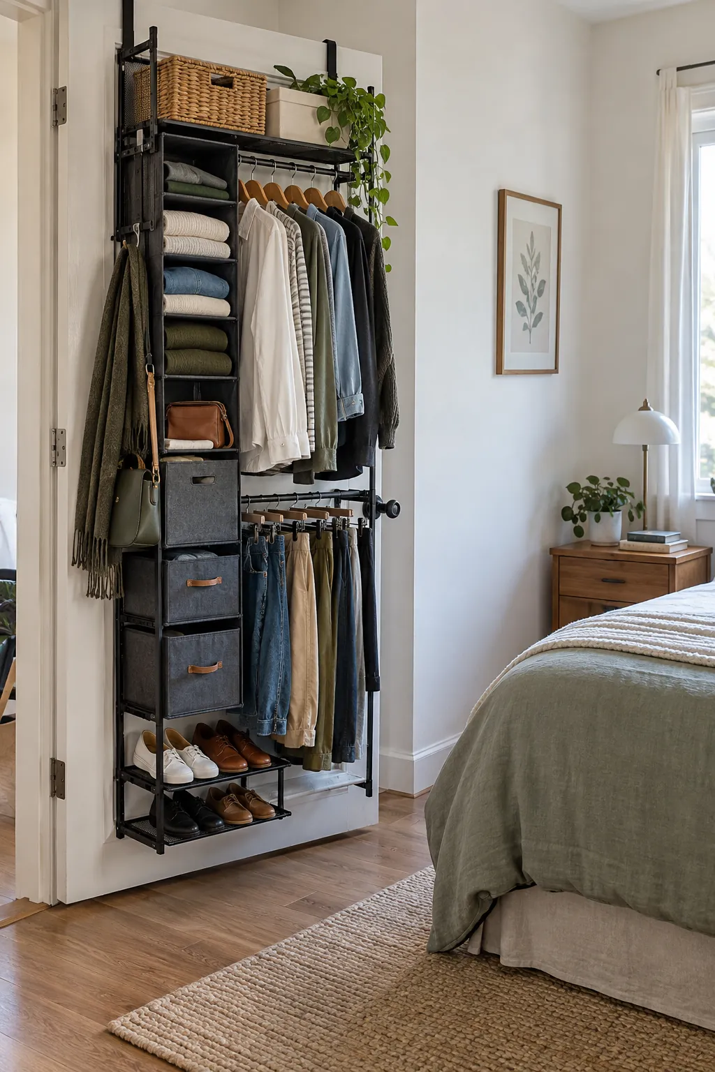 Door Clothing Organizer in a small bedroom without a closet
