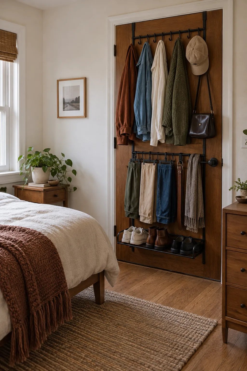 Hooks Behind Bedroom Door in a small bedroom without a closet