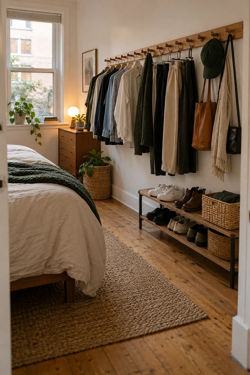 Bedroom Peg Rail in a small bedroom without a closet