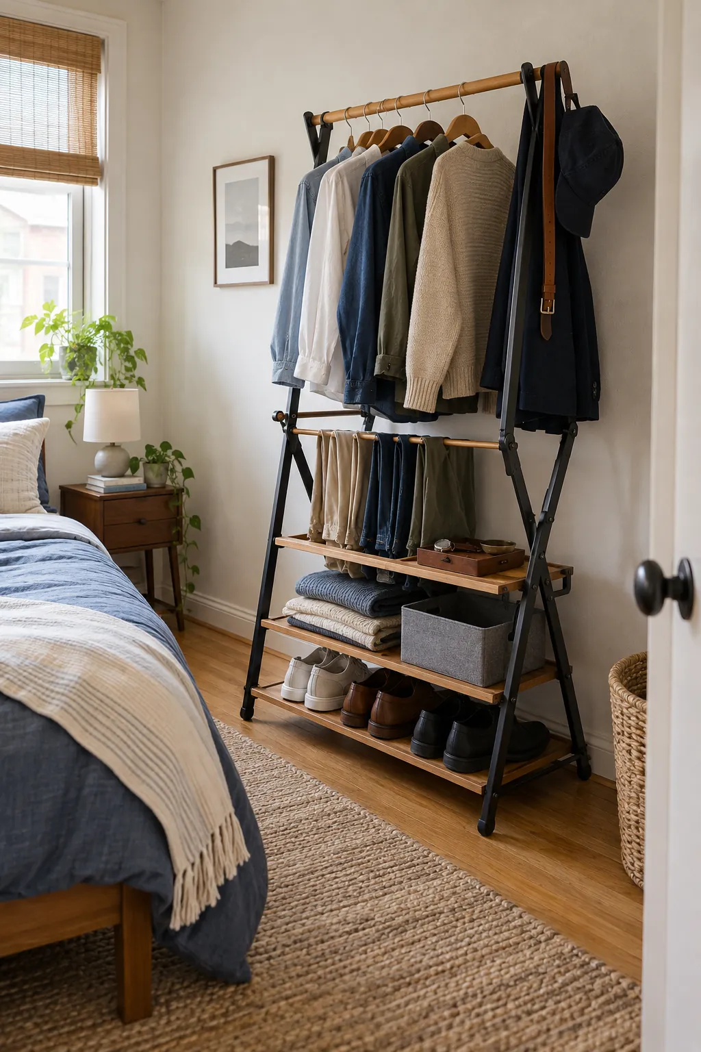 Folding Valet Stand in a small bedroom without a closet