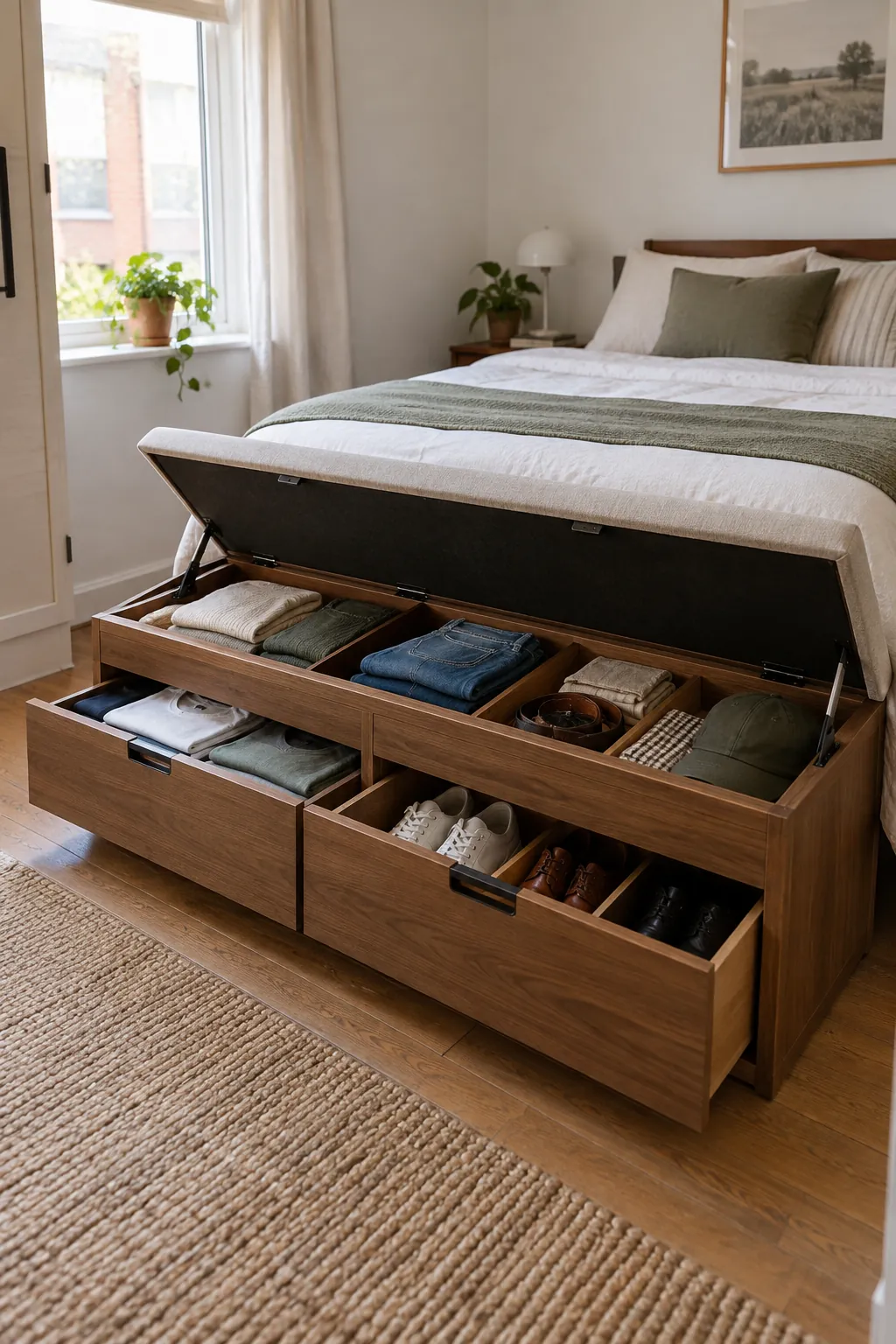 Footboard Storage Bench in a small bedroom without a closet