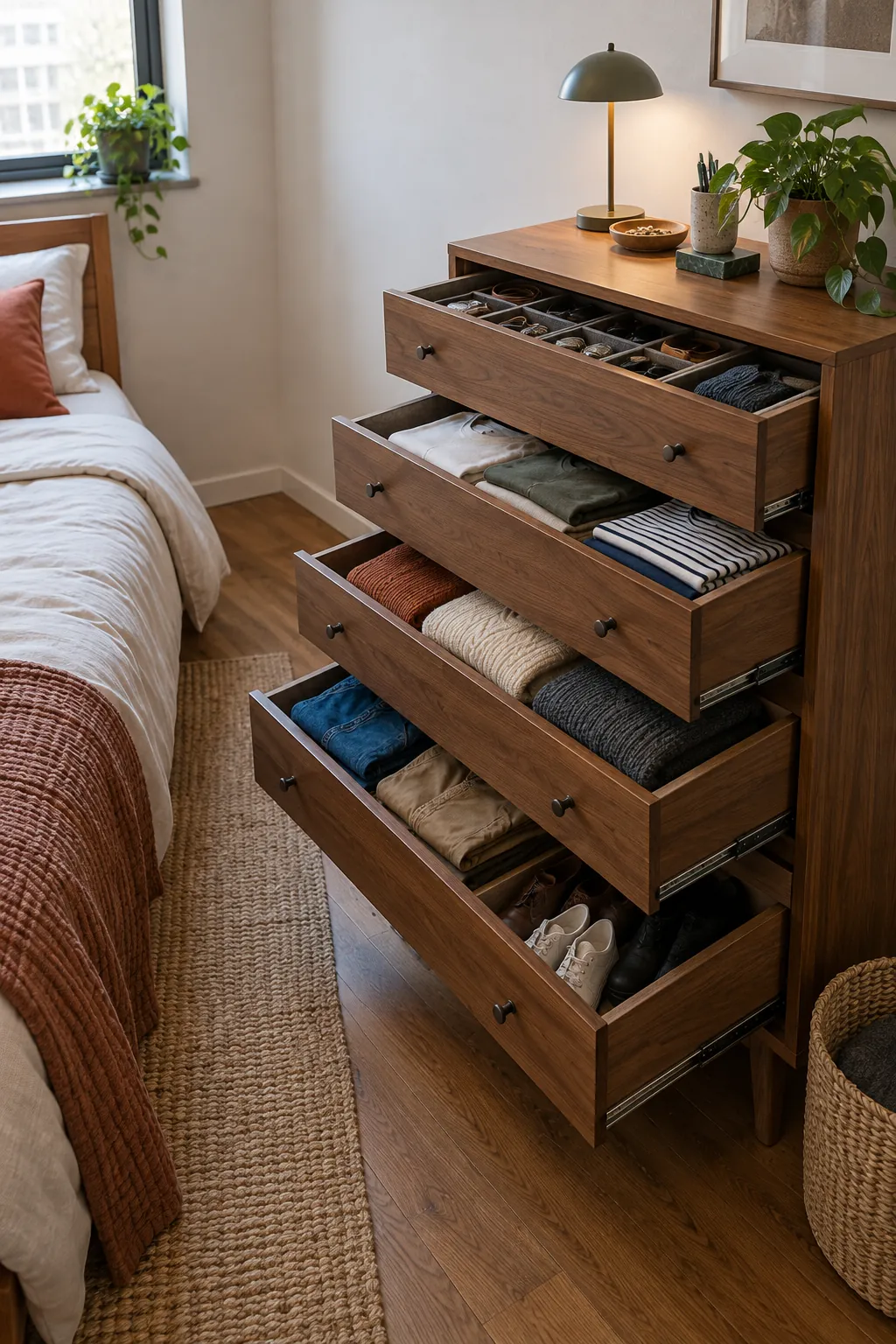 Drawer Chest Nightstand in a small bedroom without a closet