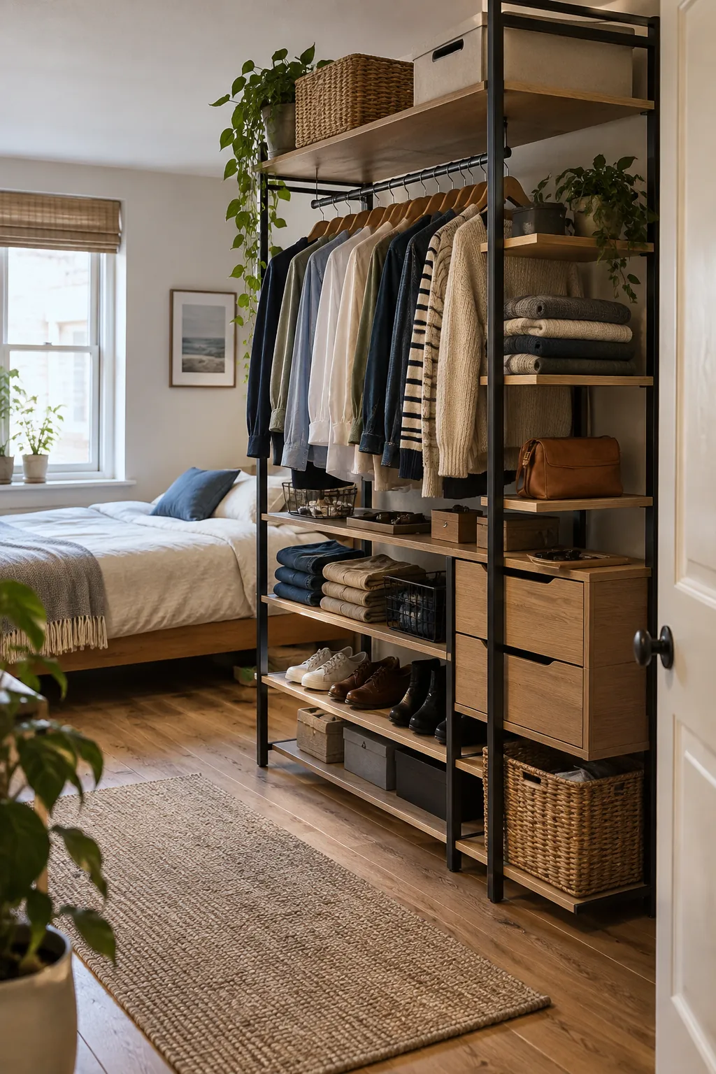 Open Wardrobe Room Divider in a small bedroom without a closet