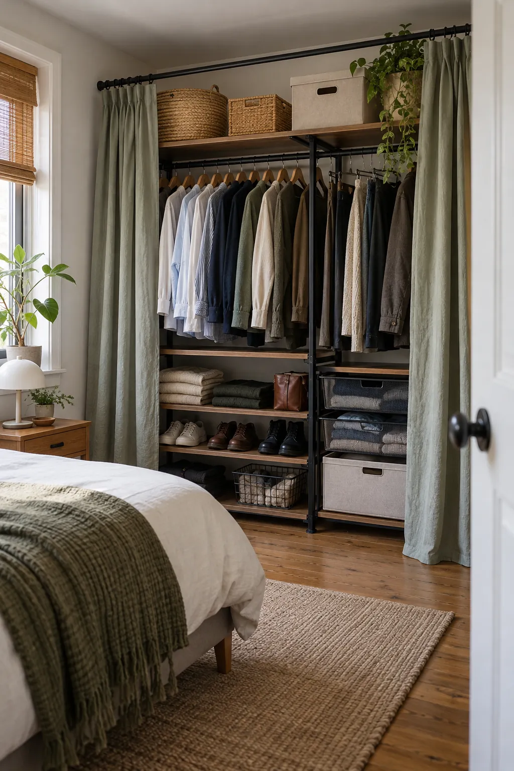 Curtained Clothing Zone in a small bedroom without a closet