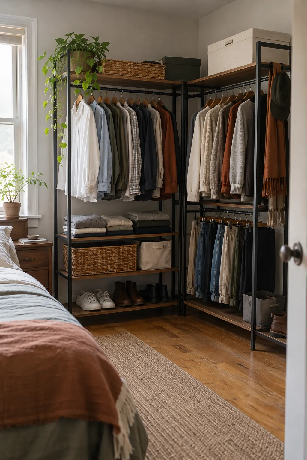 Corner Clothes Rack in a small bedroom without a closet