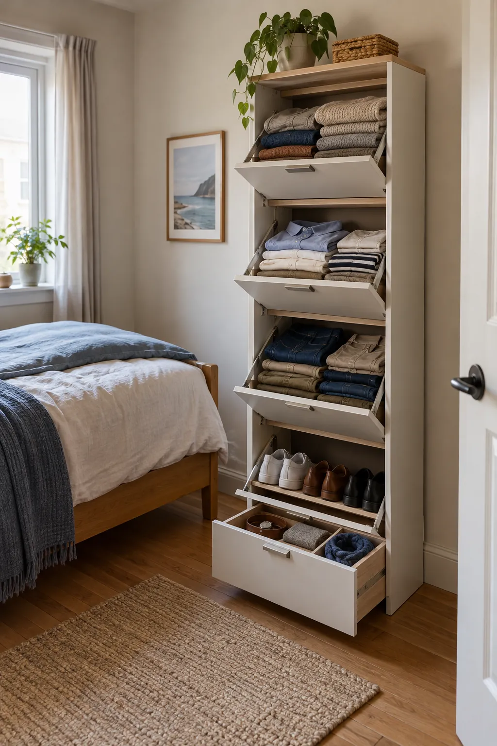 Narrow Shoe Cabinet in a small bedroom without a closet