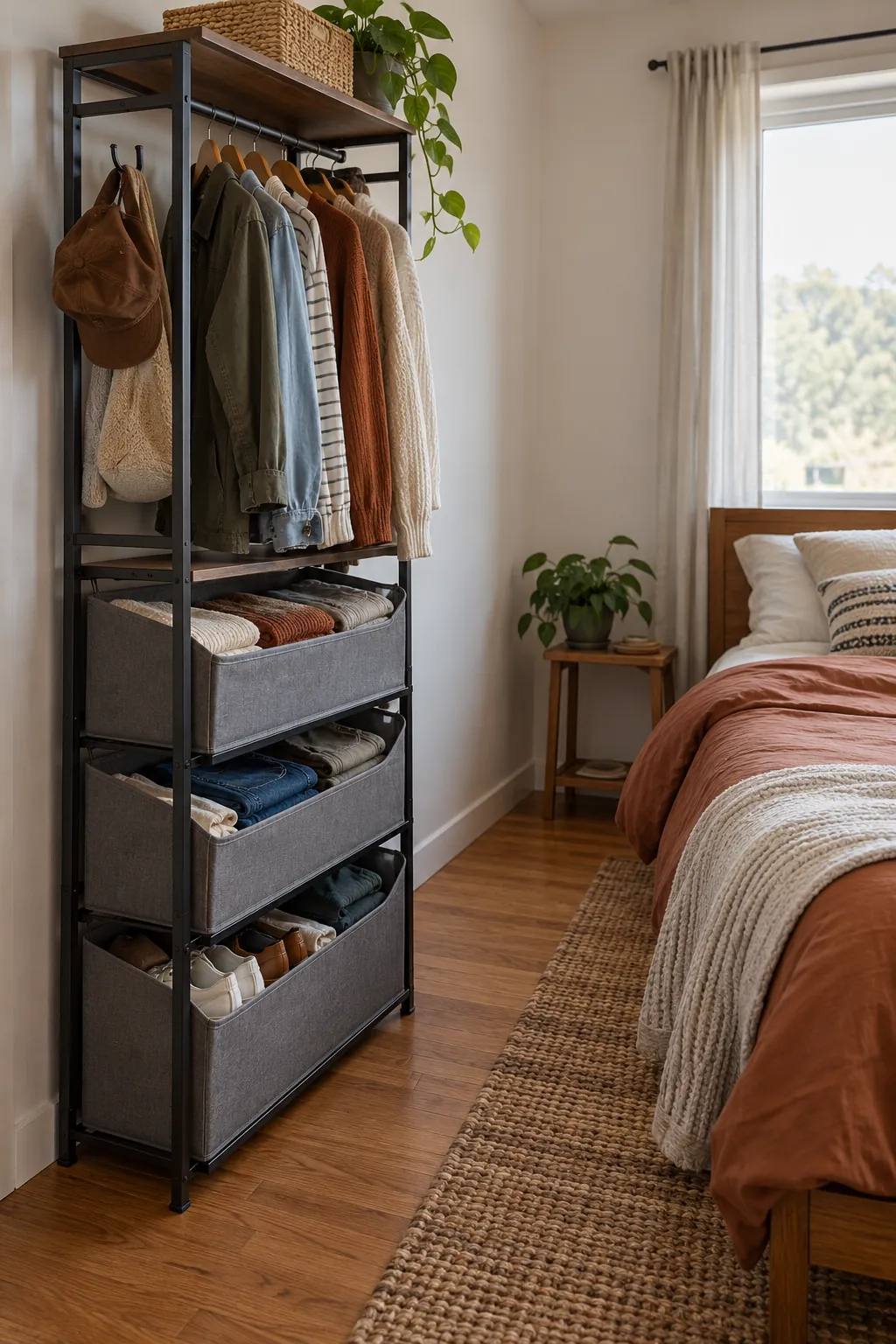 Narrow Laundry Sorter in a small bedroom without a closet