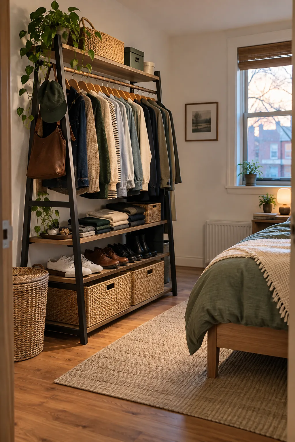 Ladder Clothing Rack in a small bedroom without a closet
