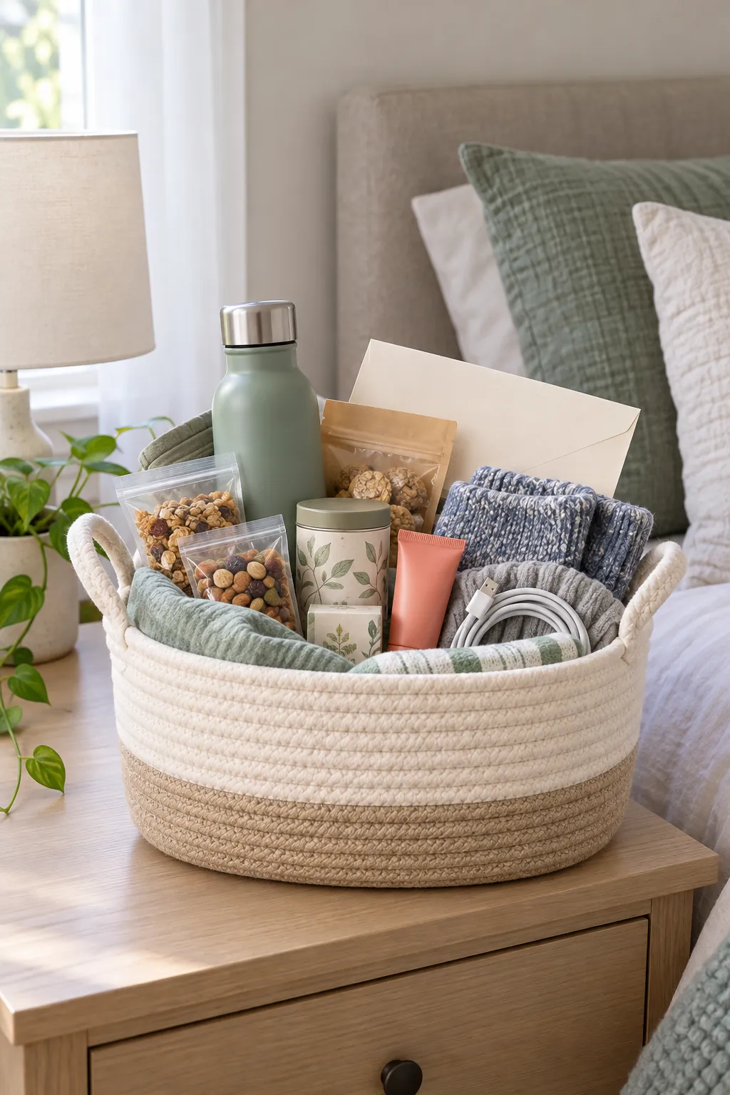 New mom gift basket with snacks, hydration, comfort, and meal support