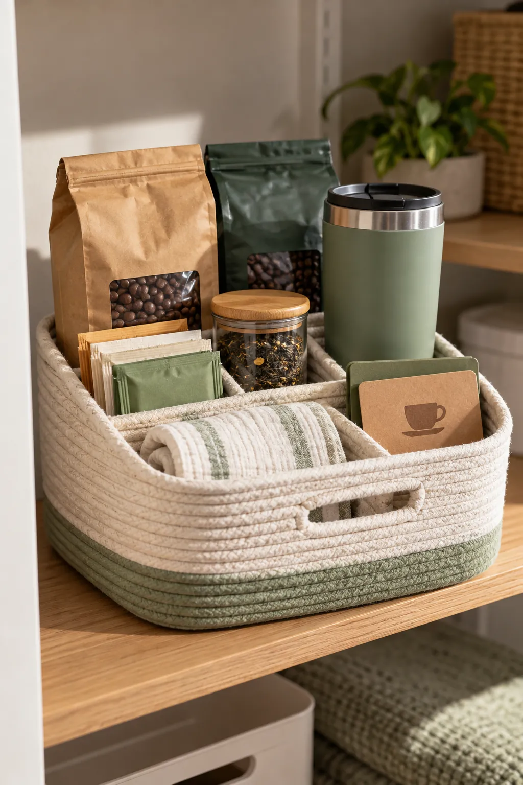 Coffee And Decaf Basket arranged as a useful gift basket