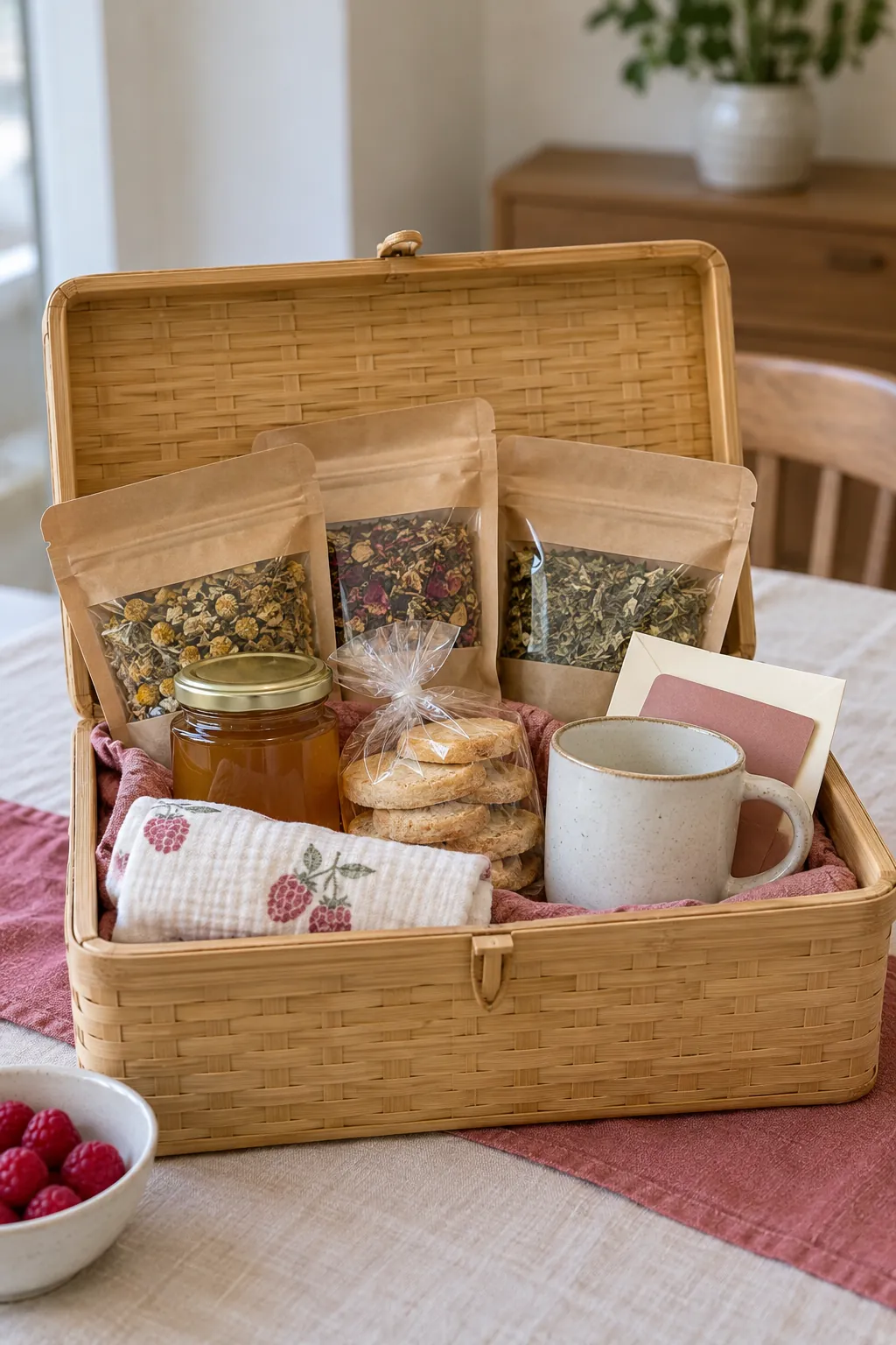 Tea And Quiet Basket arranged as a useful gift basket