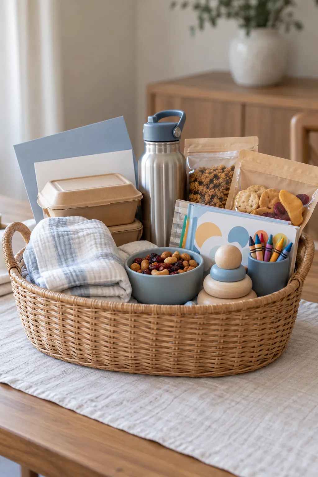 Second Time Mom Basket arranged as a useful gift basket