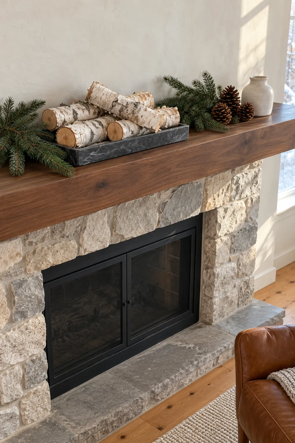 Decorative birch logs and simple evergreen branches on a Christmas mantel