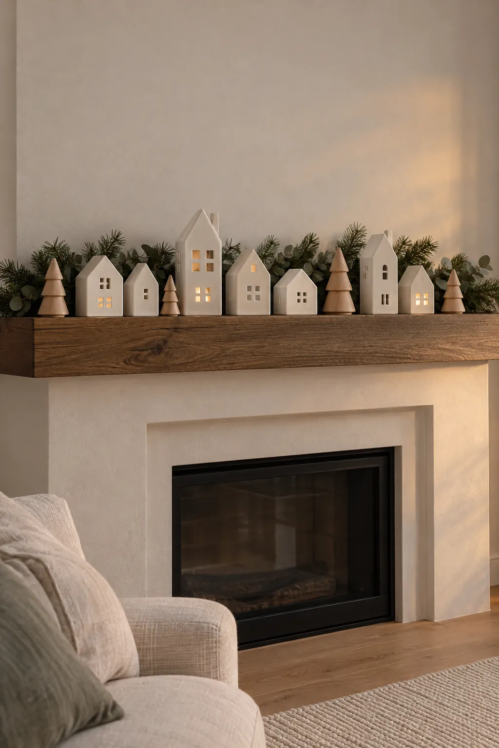 White ceramic Christmas village arranged on a neutral wood mantel