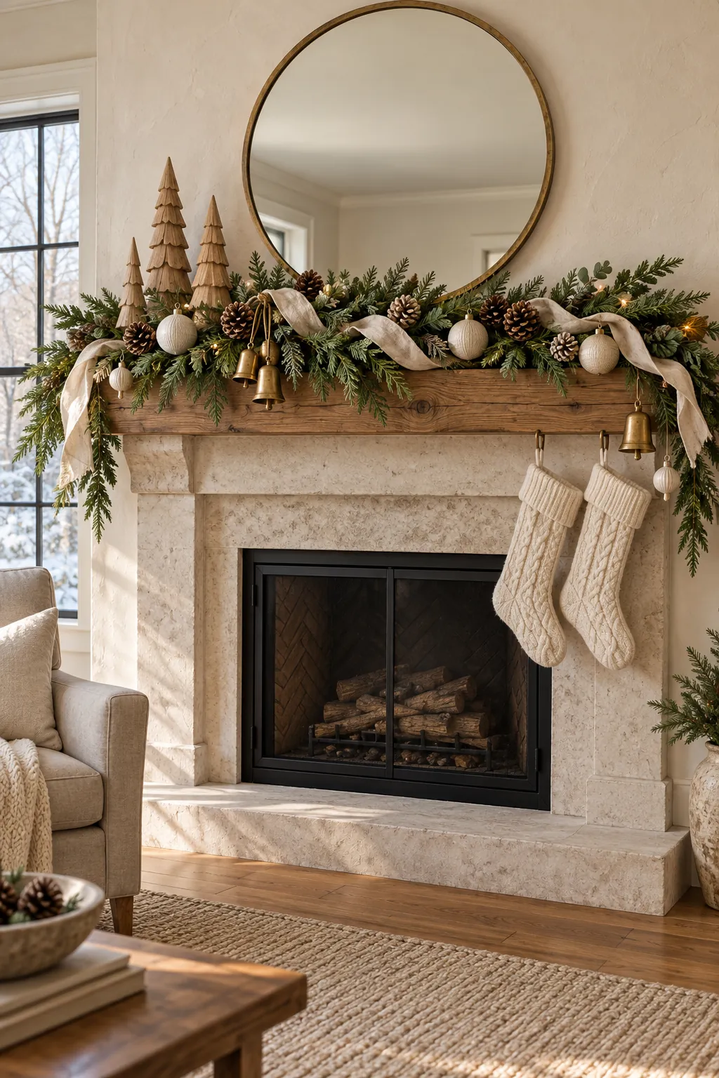 Warm neutral Christmas mantel with cedar, linen ribbon, wood, ceramic, and brass accents