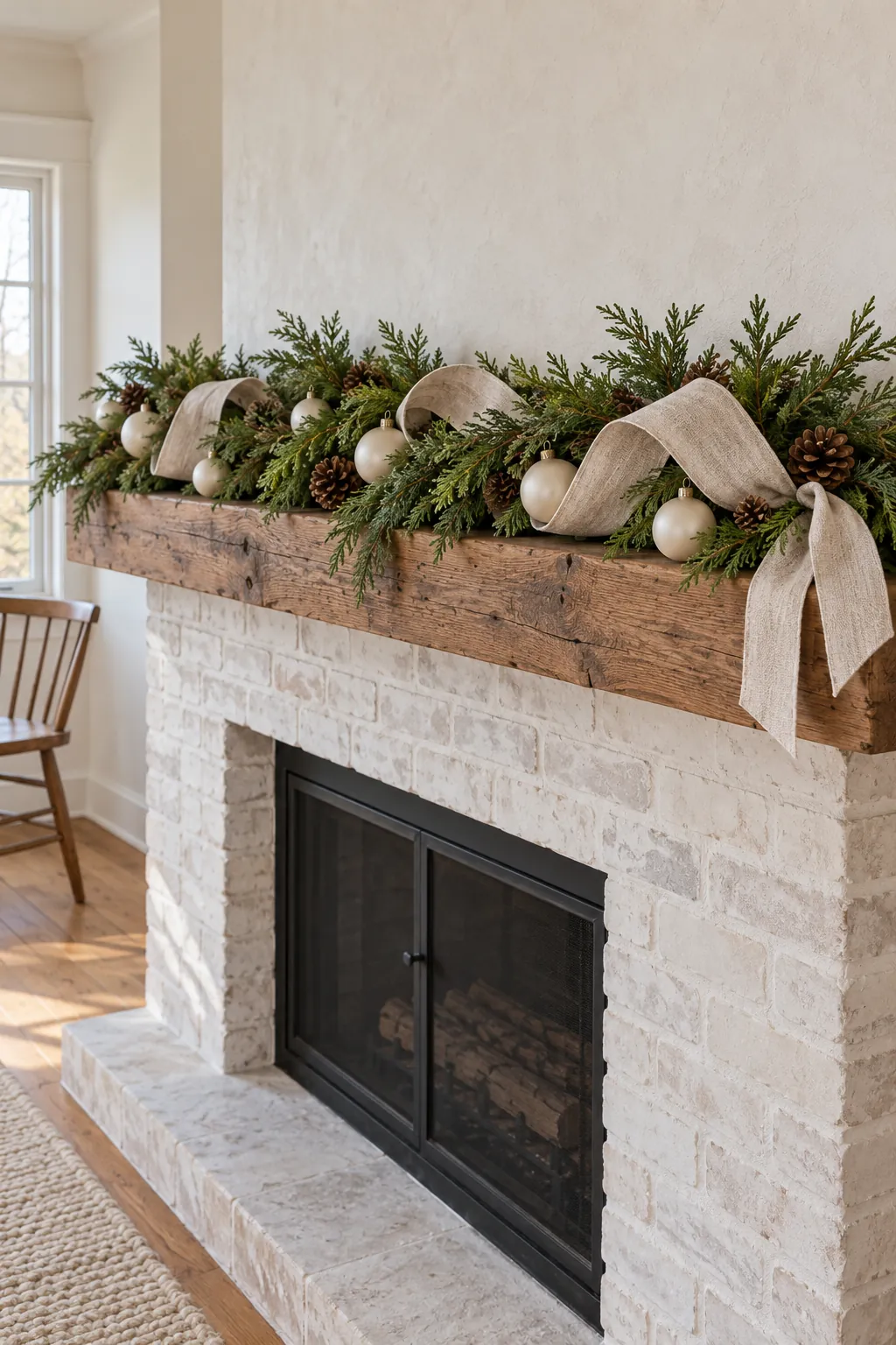 Cedar Christmas mantel garland layered with oatmeal linen ribbon