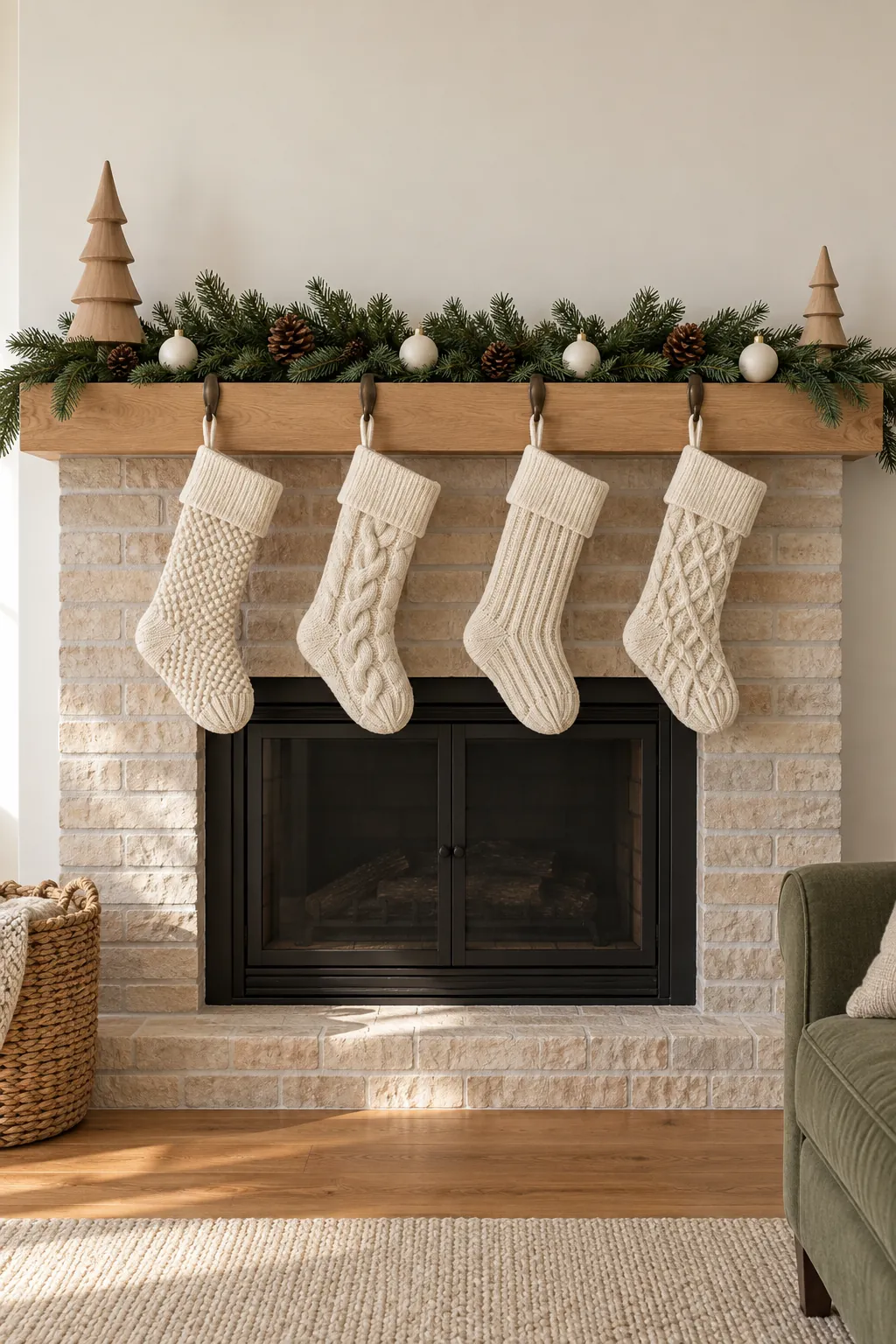 Cream cable knit stockings hanging from a simple neutral Christmas mantel