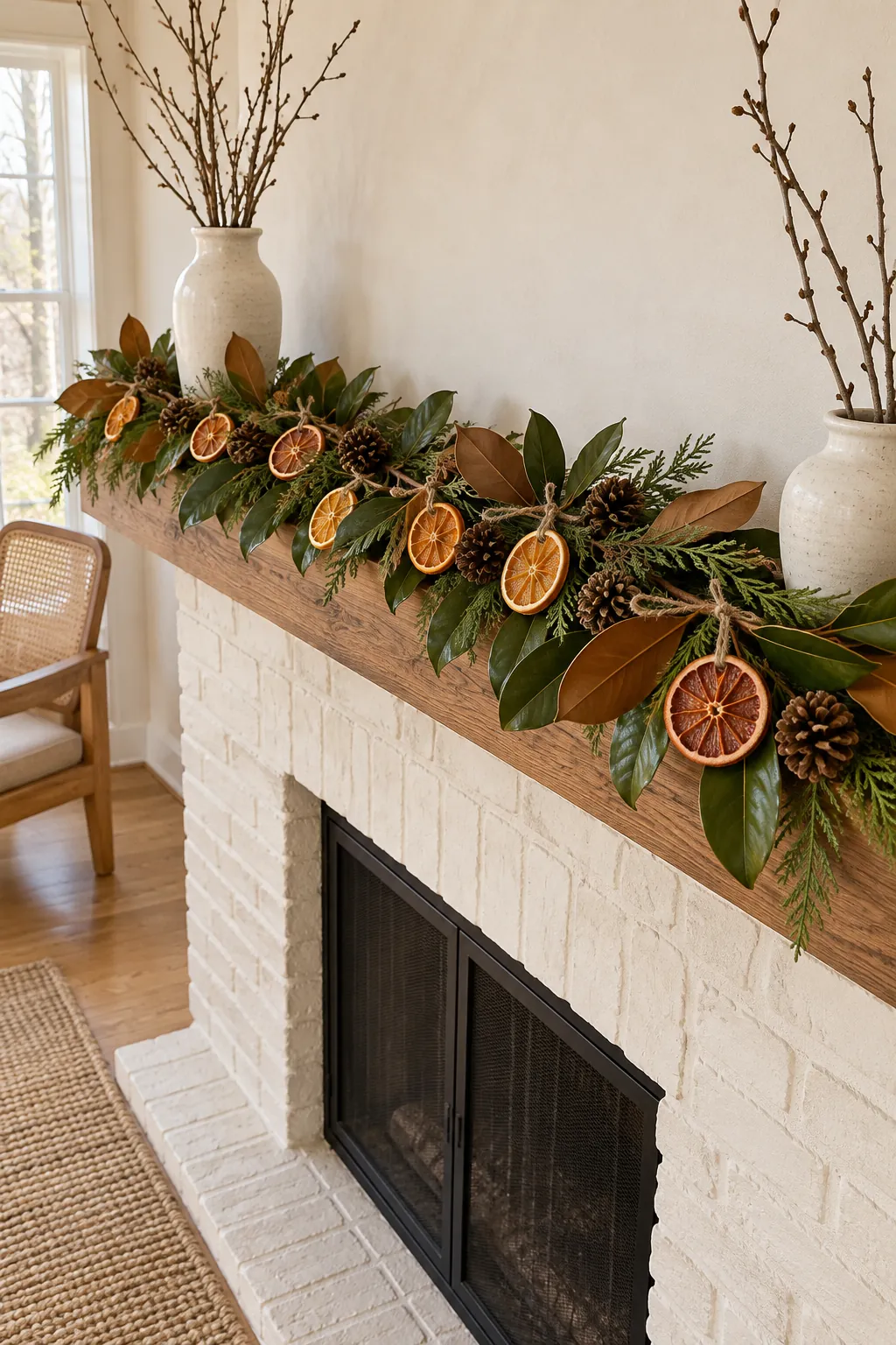 Dried citrus and magnolia leaves in a natural neutral Christmas mantel garland