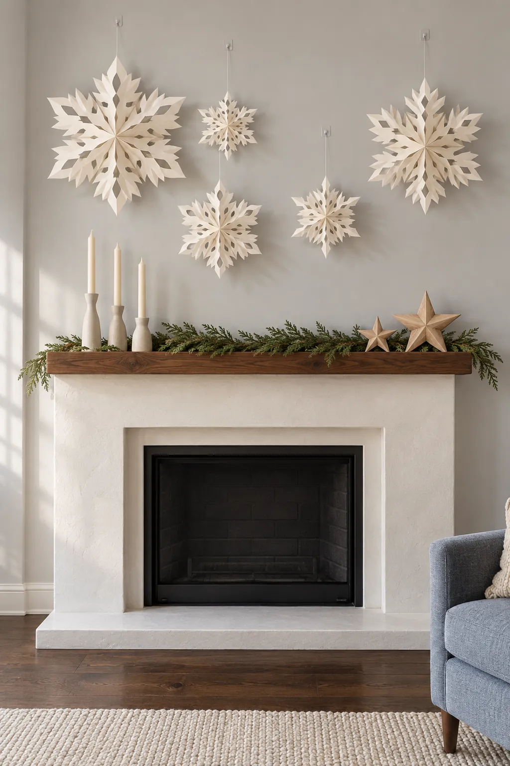 Oversized ivory paper snowflakes above a minimalist Christmas mantel