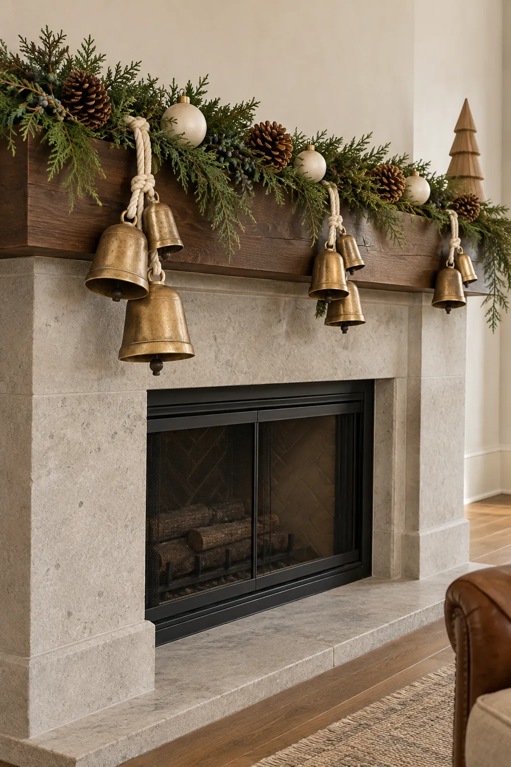 Aged brass bell clusters tied to cedar on a neutral Christmas mantel