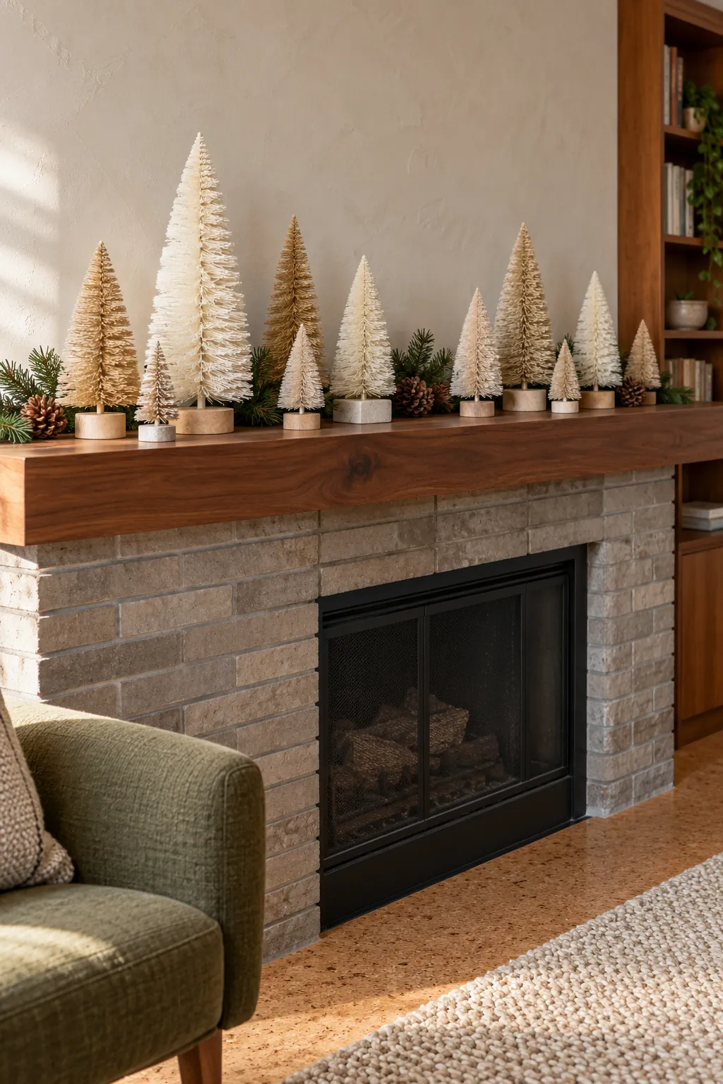 Ivory bottlebrush tree forest on a neutral Christmas fireplace mantel