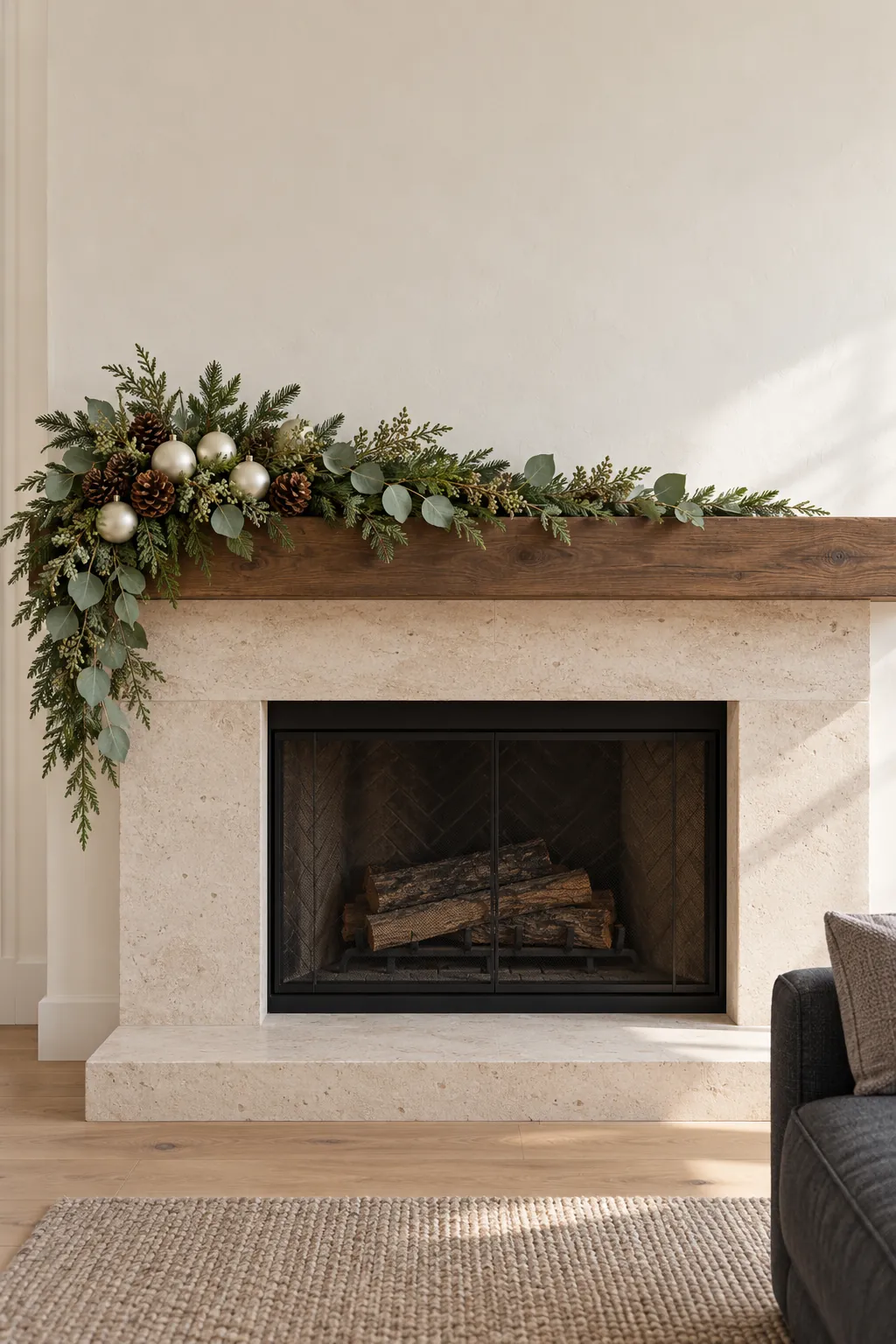 Asymmetrical eucalyptus and fir garland across a neutral Christmas mantel