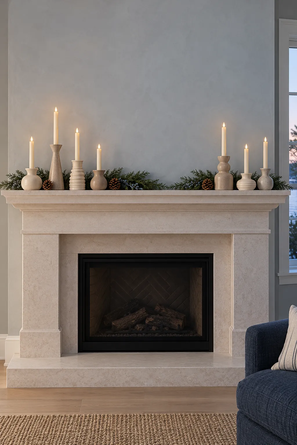 Cream stoneware candleholders grouped on a neutral holiday mantel