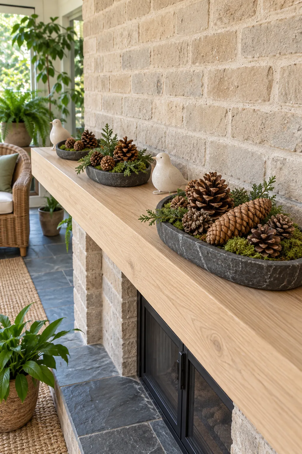 Natural pinecone and moss clusters arranged on a Christmas mantel